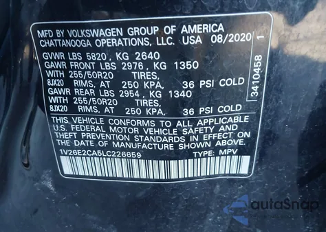 2020 Volkswagen Atlas Cross Sport 3.6L V6 Se W/Technology/3.6L V6 Se W/Technology R-Line из США, поврежденный, VIN 1V26E2CA5LC226659